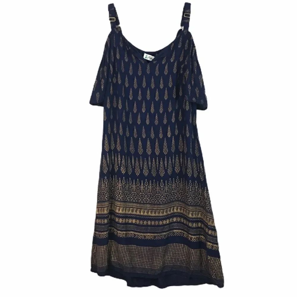Off the shoulder blue gold mini dress small